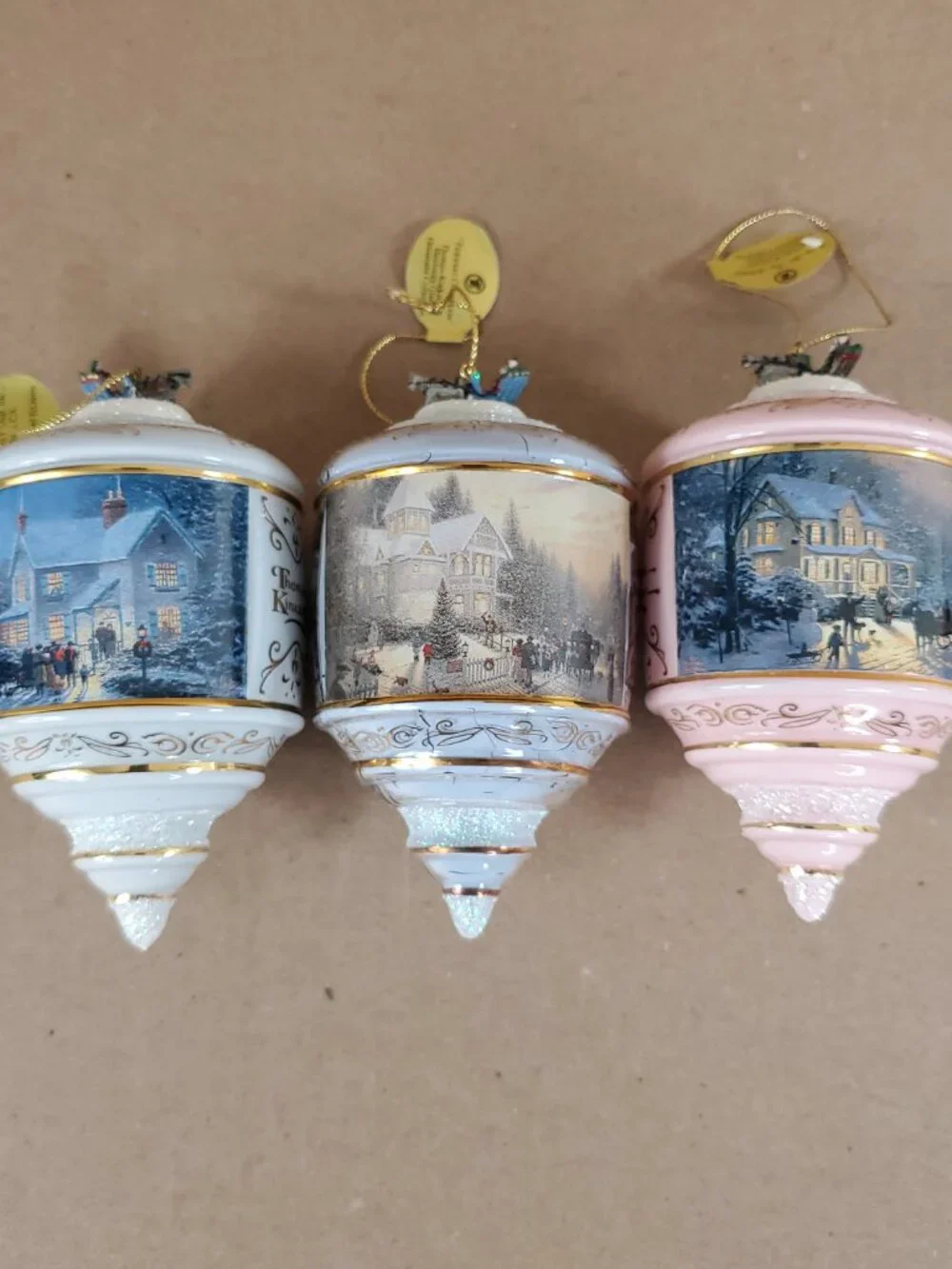 Thomas Kinkade Heirloom Glass Christmas Ornaments Lot Of 3 Bradford Edition